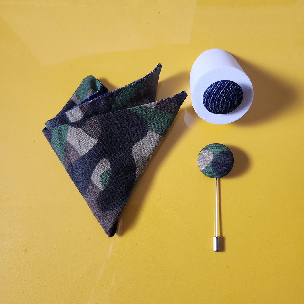 Reversible Denim Camo Pocket Square,  Button Lapel Pins