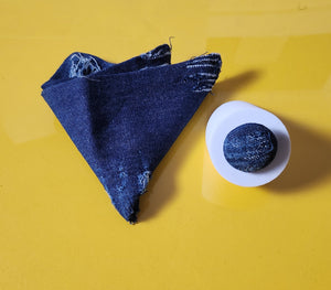 Distressed Denim Pocket Square and Button Lapel Pin