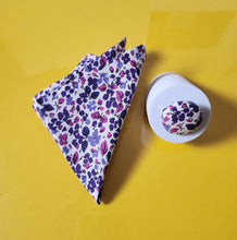 Load image into Gallery viewer, Shades of Purple Floral Pocket Square and Button Lapel Pin
