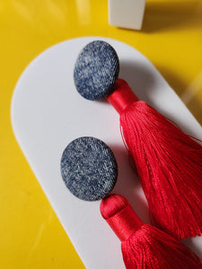 Acid Wash Denim Red Tassel Earrings