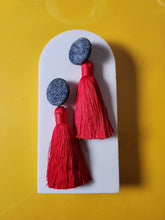 Load image into Gallery viewer, Acid Wash Denim Red Tassel Earrings
