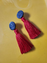 Load image into Gallery viewer, Acid Wash Denim Red Tassel Earrings
