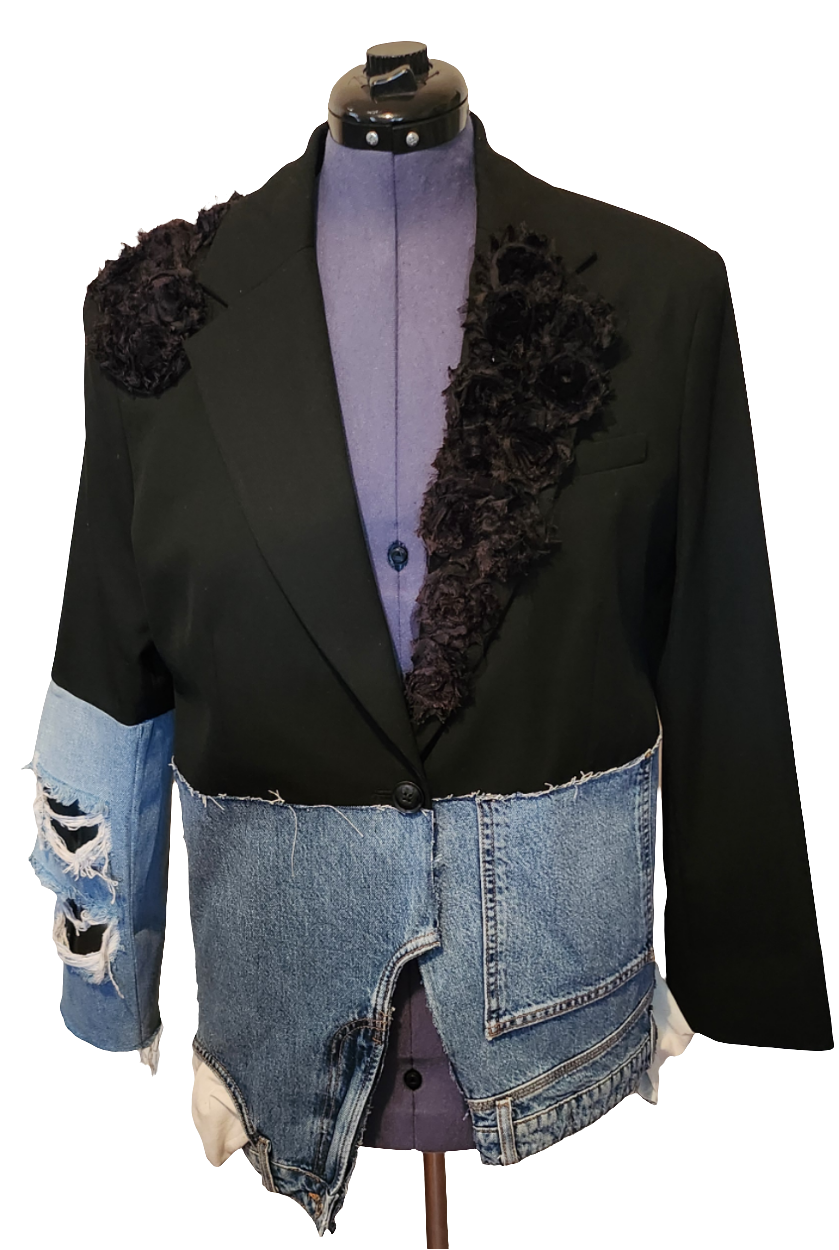 Black & Denim Blazer with Rosettes