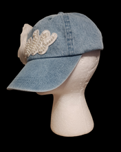 Load image into Gallery viewer, MRS DENIM HAT WITH FEATHERS AND PEARLS
