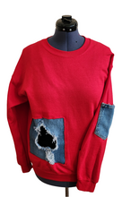 Load image into Gallery viewer, Classic Red and Denim Ripped Distressed Sweatshirt.
