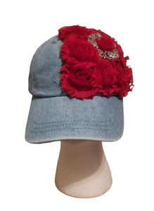 Denim Red Rosettes Hat with Bling