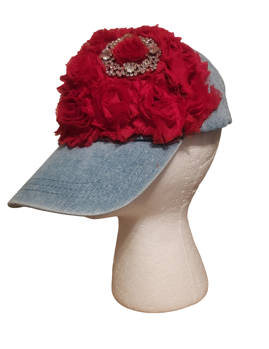 Denim Red Rosettes Hat with Bling