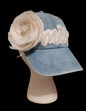 Load image into Gallery viewer, MRS DENIM HAT WITH FEATHERS AND PEARLS
