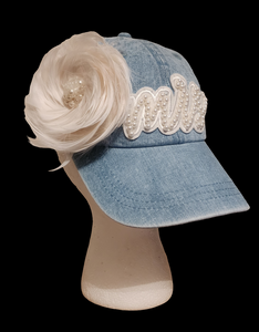 MRS DENIM HAT WITH FEATHERS AND PEARLS