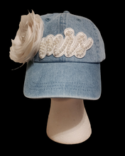 Load image into Gallery viewer, MRS DENIM HAT WITH FEATHERS AND PEARLS
