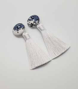 Shades of Blue Denim White Tassel Earrings