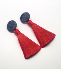 Load image into Gallery viewer, Acid Wash Denim Red Tassel Earrings
