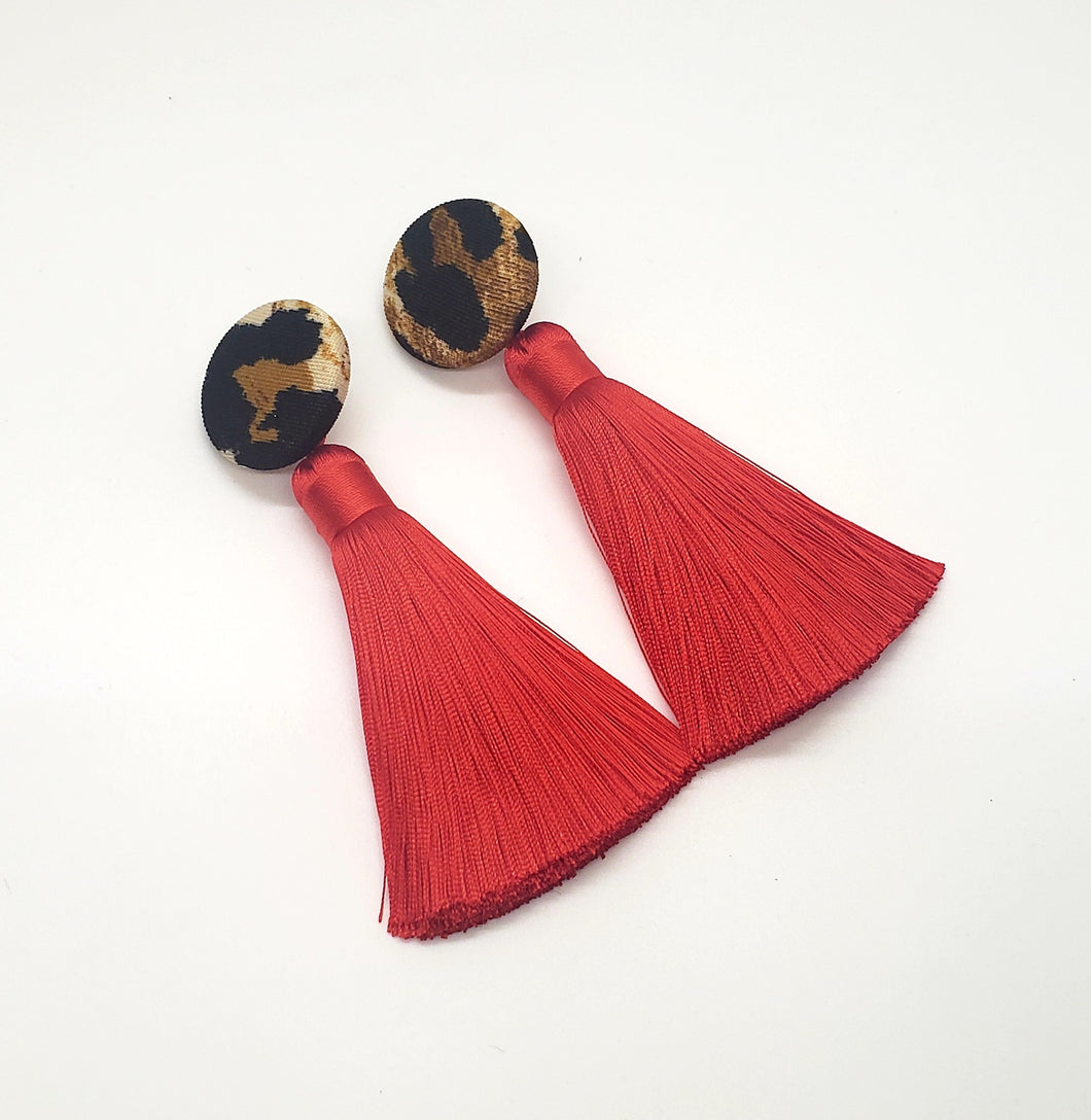 Leopard and Red Tassel Earrings